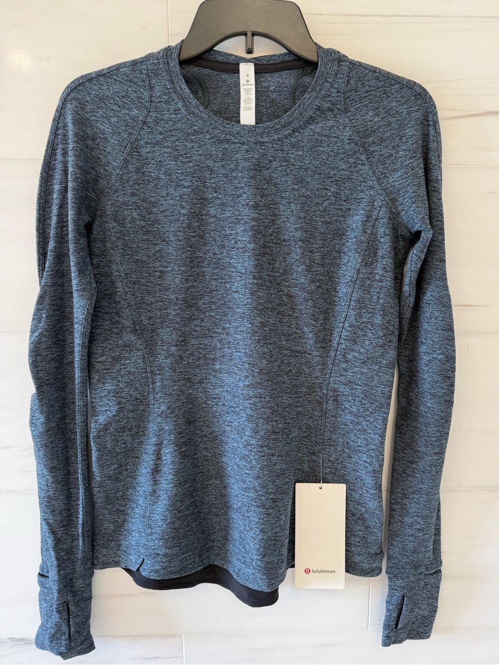 NWT Lululemon Runderful Long Sleeve Heathered Blue Rulu Running Top Size 8